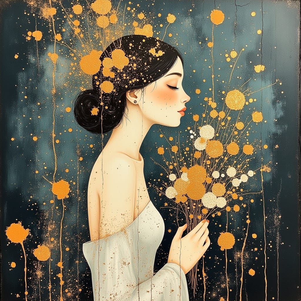 Woman in Silver Silk Gown with Wildflowers