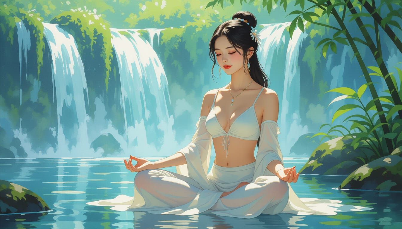 Meditating Woman Under Waterfall in Art Nouveau Style