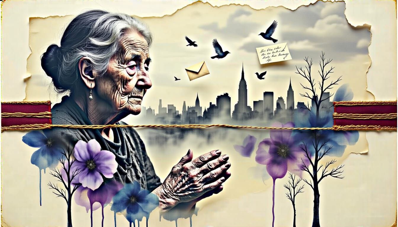 Mixed Media Art: Elderly Woman in Overexposed Skyline