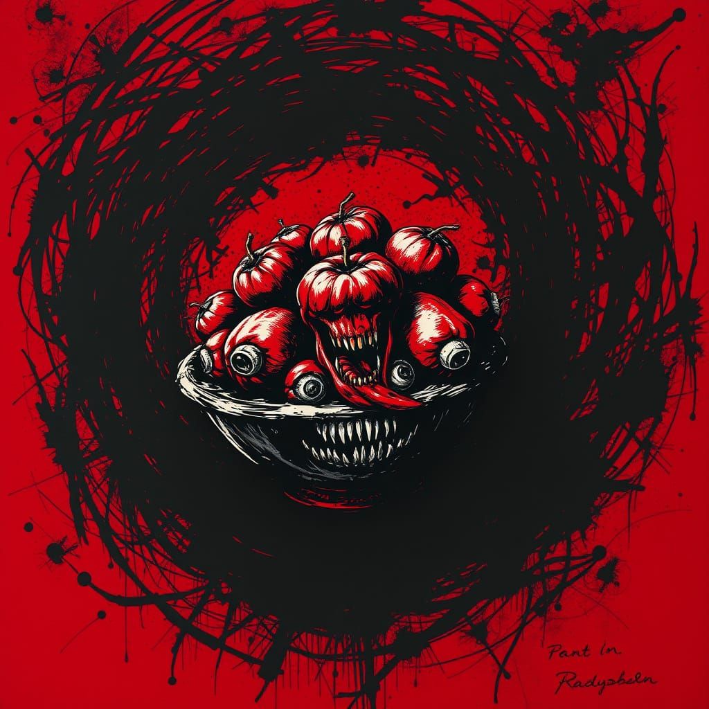 Monstrous Fruit Bowl in Dark Abstract Ink Style