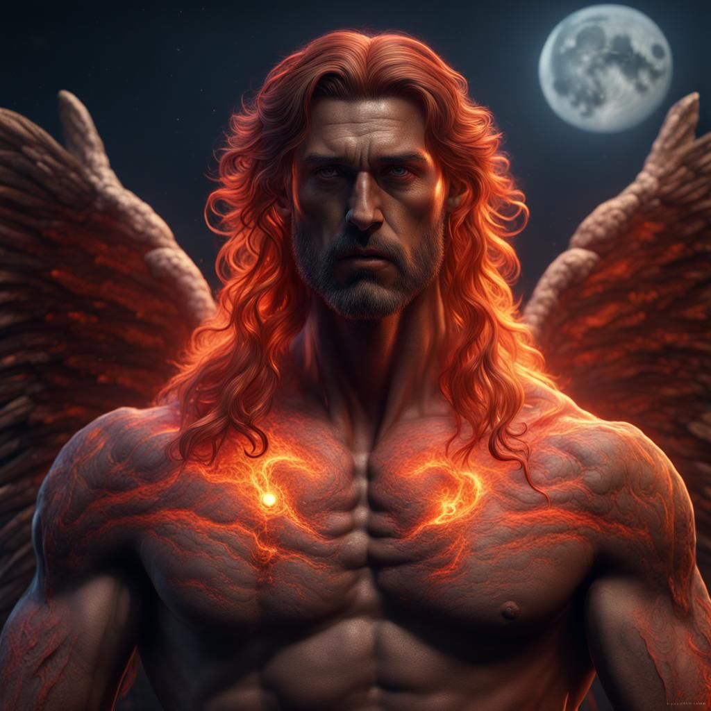 Hyperrealistic Lava-Haired Angel Under Full Moon