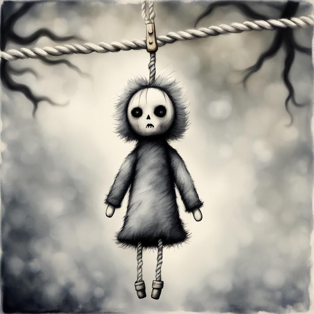 Eerie Doll Hanging From Tree in Vaporwave Art