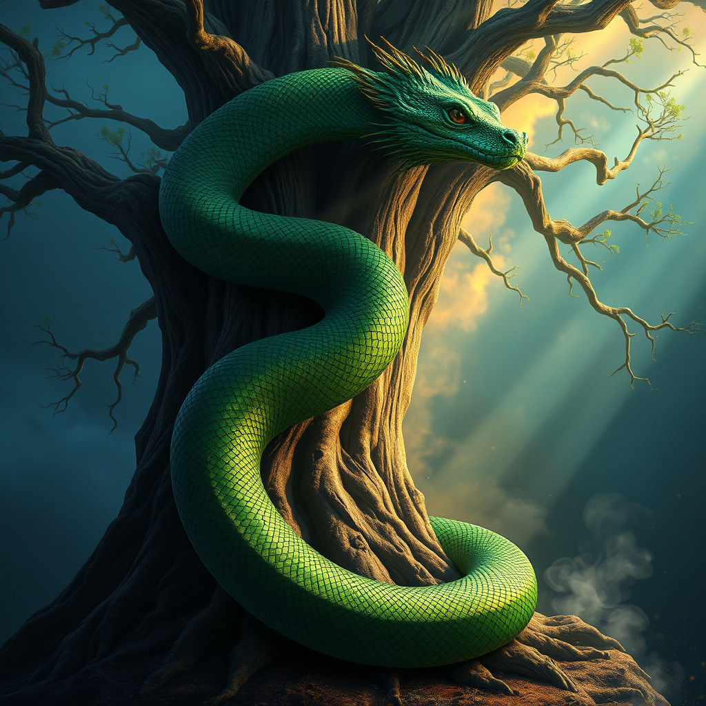 Emerald Serpent Wraps Mystical Tree: Fantasy Concept Art