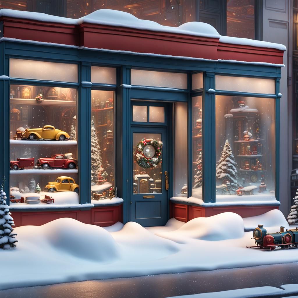 Snowy Toy Store Window: Detailed Matte Painting