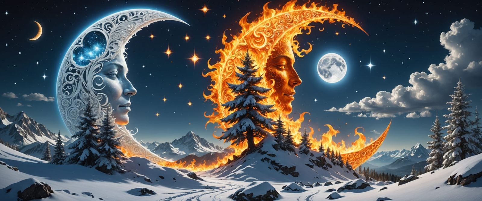 Fiery Sun and Icy Moon in Detailed 3D Render