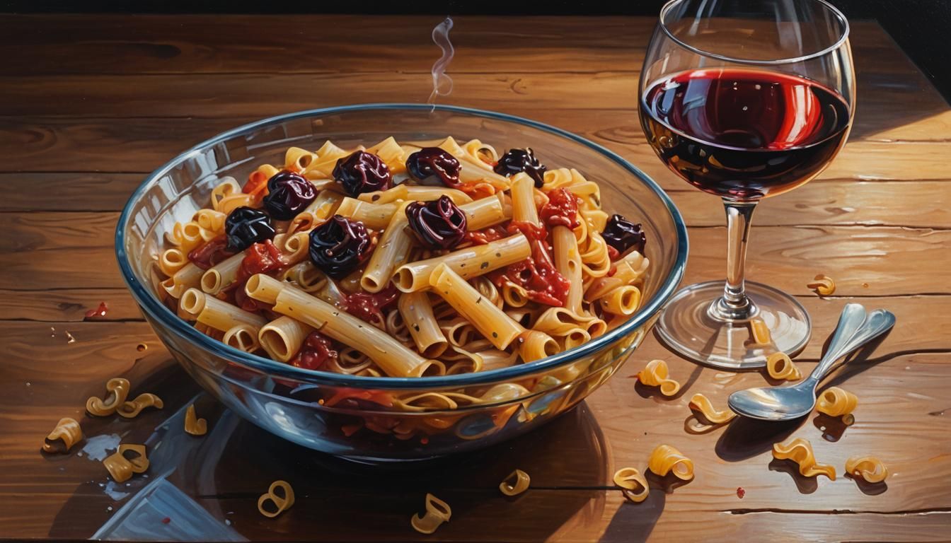 Pasta and Wine Still Life in Hyperrealistic Digital Art