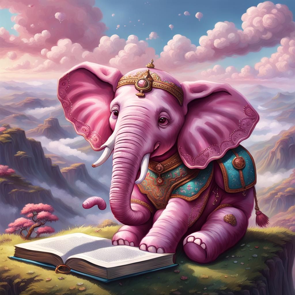 Pink Elephant Reading Book in Dreamlike Landscape