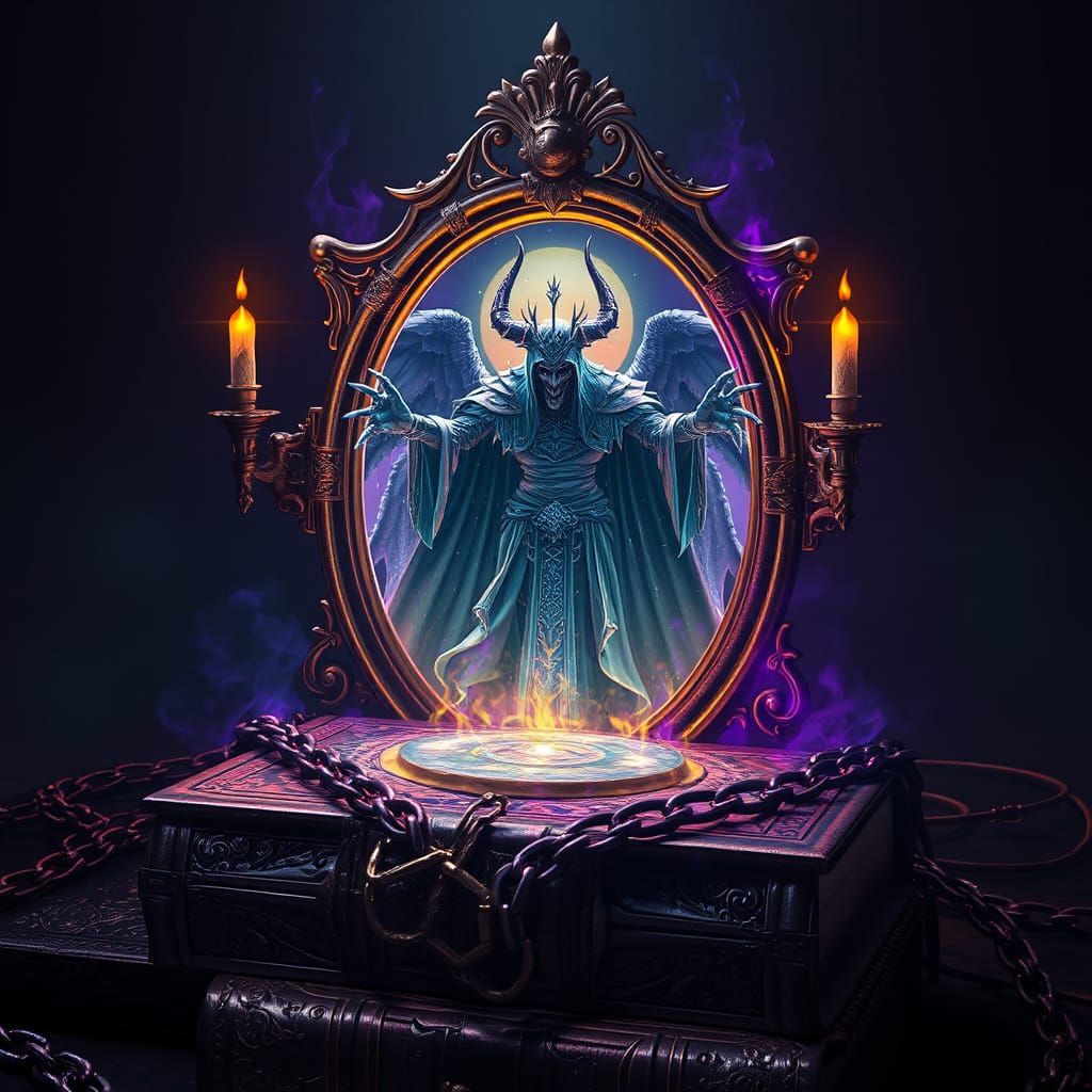 Elven Mirror Reflects Lich King Hologram in Dark Fantasy Art