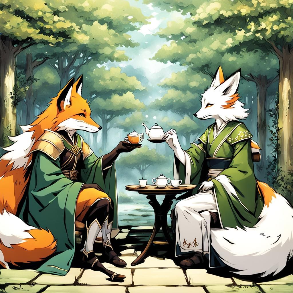Elven Man and Fox Woman Having Tea in Anime Style