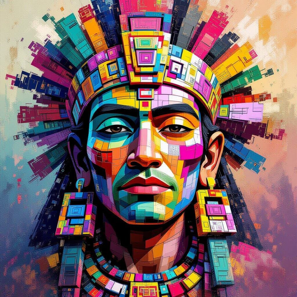 Mayan God Portrait in Glitch Art Style