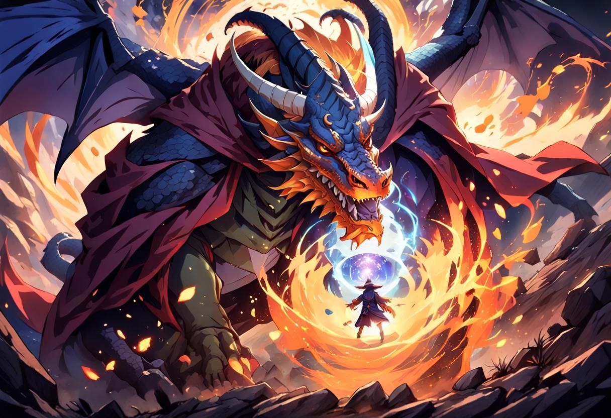 Anthro Dragon Wizard Opens Magic Portal in Anime Style
