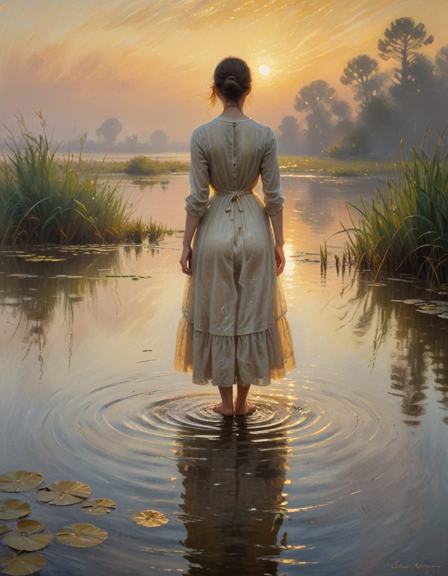 Impressionist Woman in Misty Marsh Painting