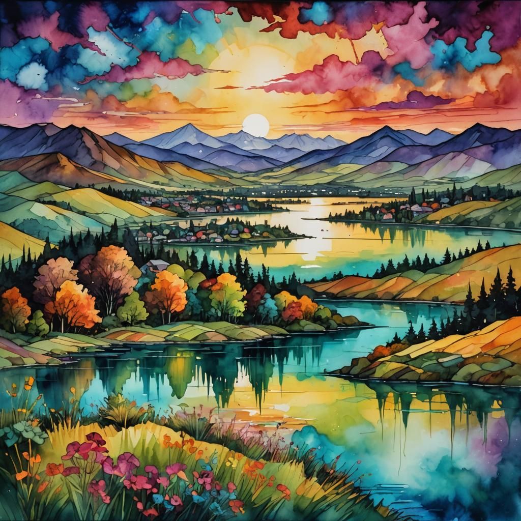 Sunset Landscape Painting with Alcohol Inks in Gouache Style
