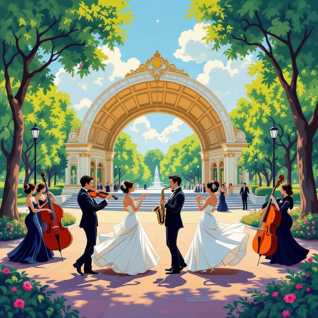 Lush Park Scene with Dancing Couples in Mixed Media Style