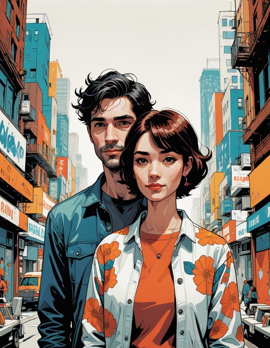 Young Couple in Modern Cartoon Style Digital Illustration