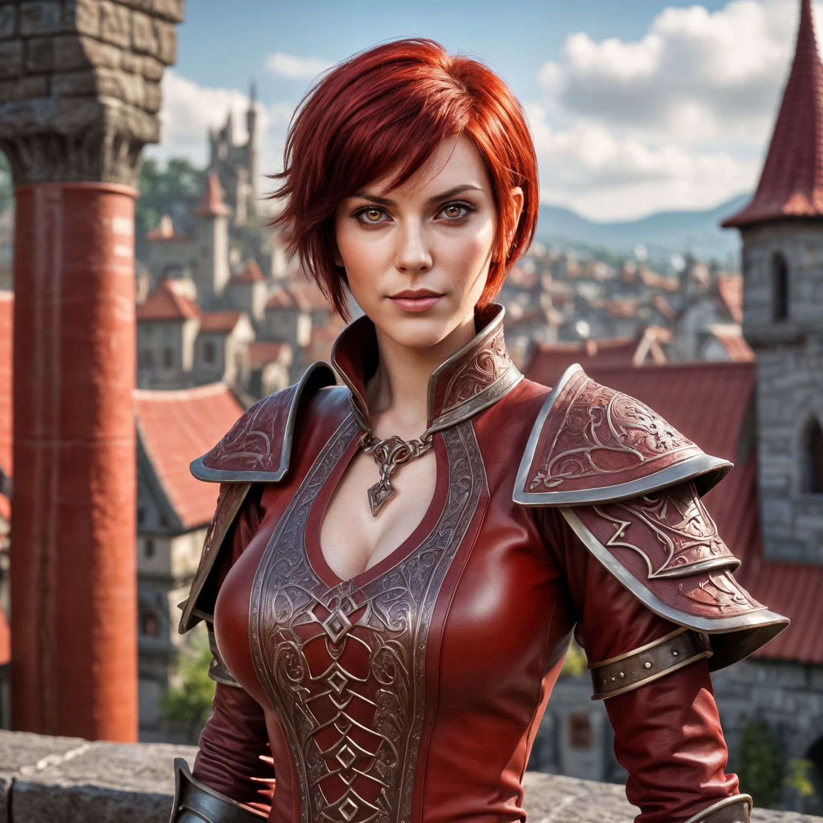 Red-Haired Beauty in Warcraft-Style Medieval City