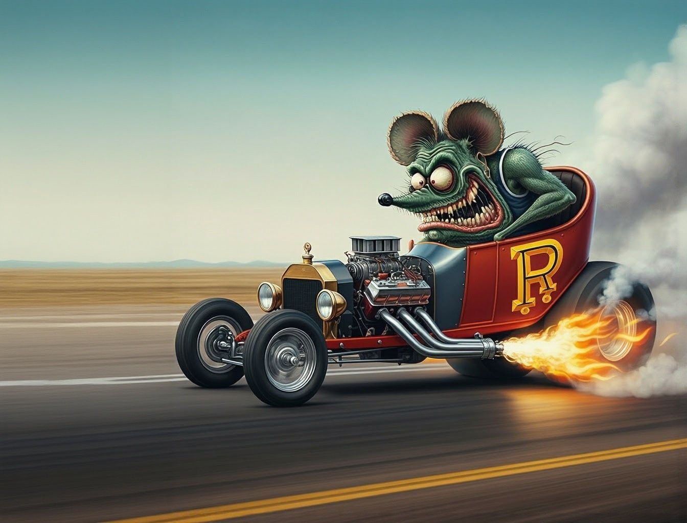 Rat Fink Drives Dragster Belching Smoke and Flames
