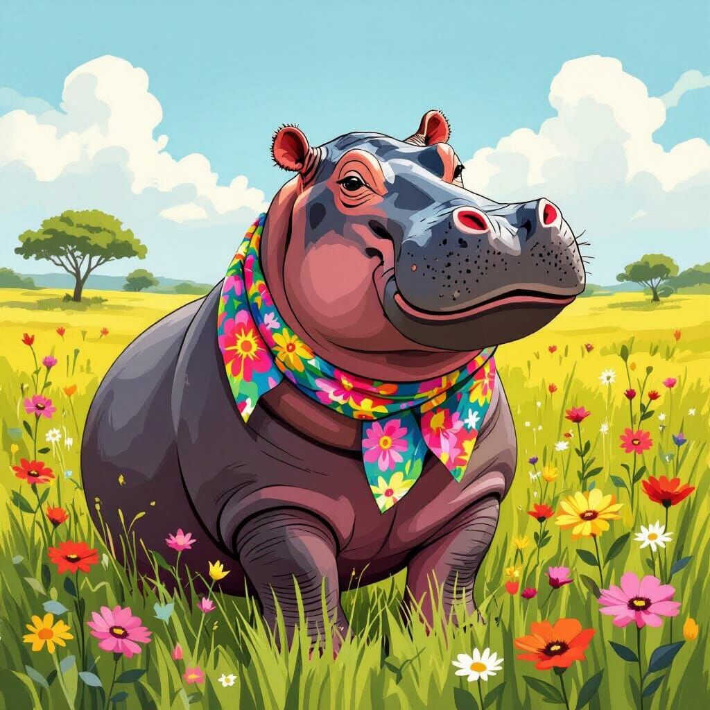 Hippo with Floral Scarf in Folk Art Style