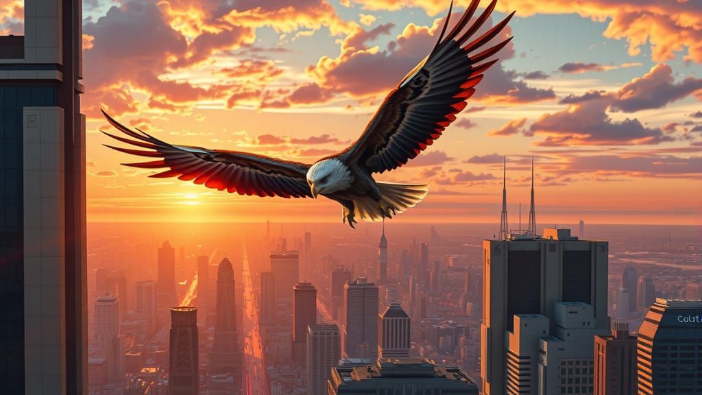 Majestic Eagle Soars Above Futuristic Cityscape at Sunset