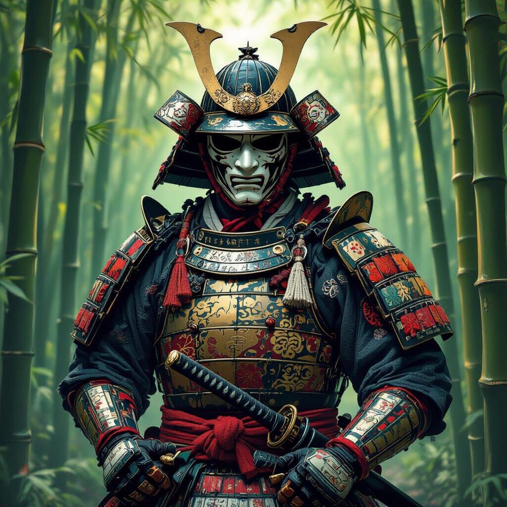 Samurai in Bamboo Forest: Japanese Art Fusion