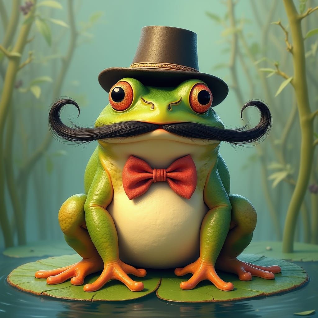 Frog's Whimsical Mustache Dream: A Fantastical Illustration