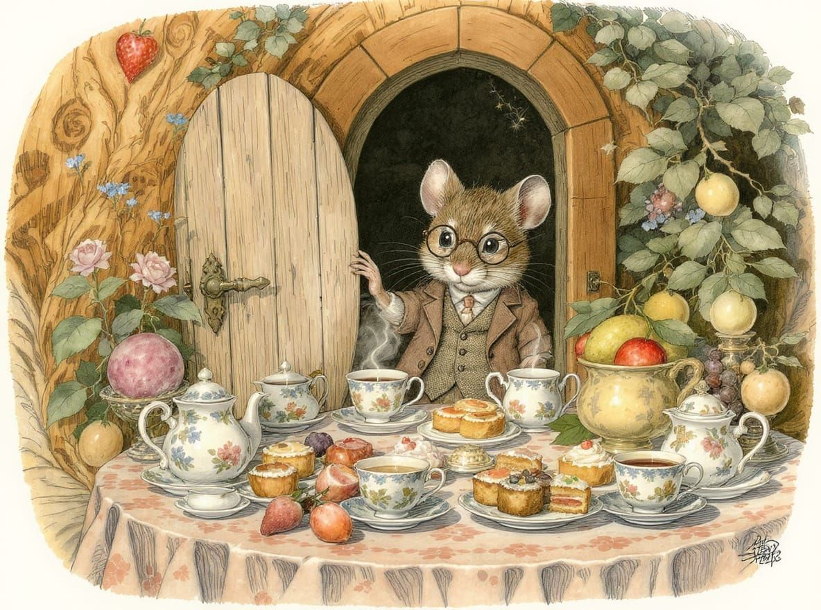 A shy little mouse peeks out of his door, a table with vario...