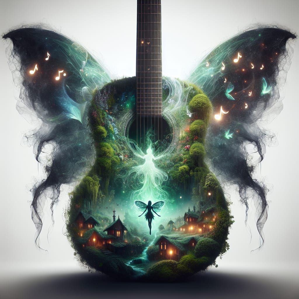 Ethereal Guitar Portrait with Fairy Forest Village
