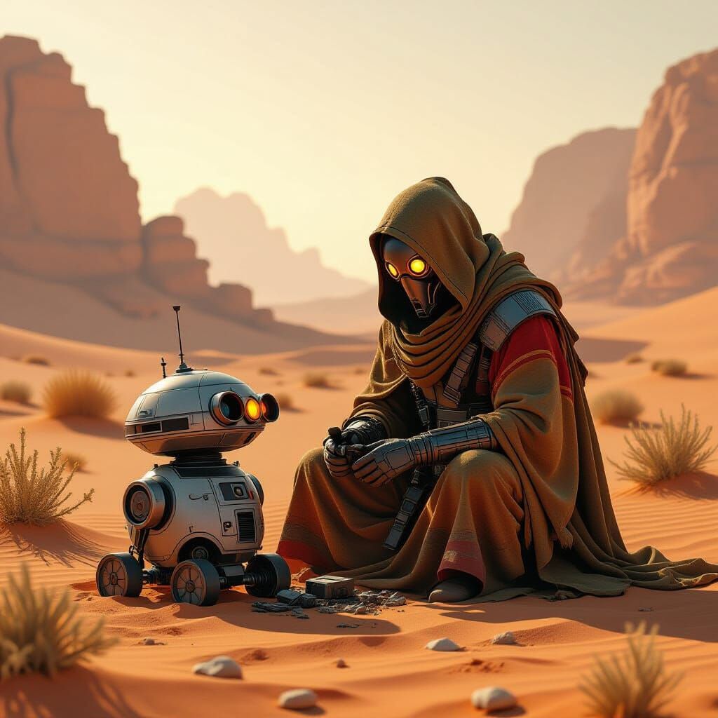 Jawa Scavenger on Terraformed Tatooine: Gritty Sci-Fi Art