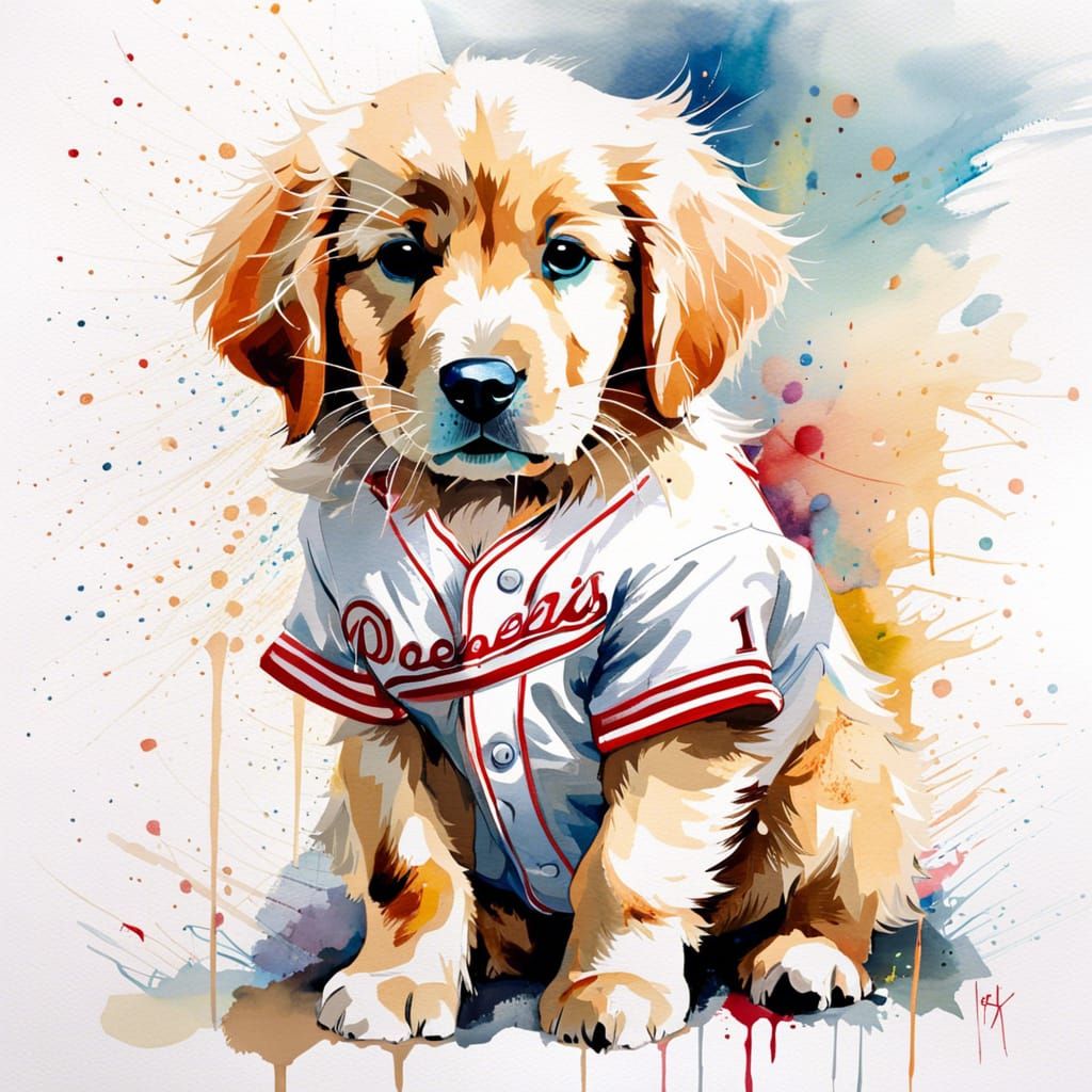 Golden Retriever Puppy in Baseball Outfit: Watercolor Art