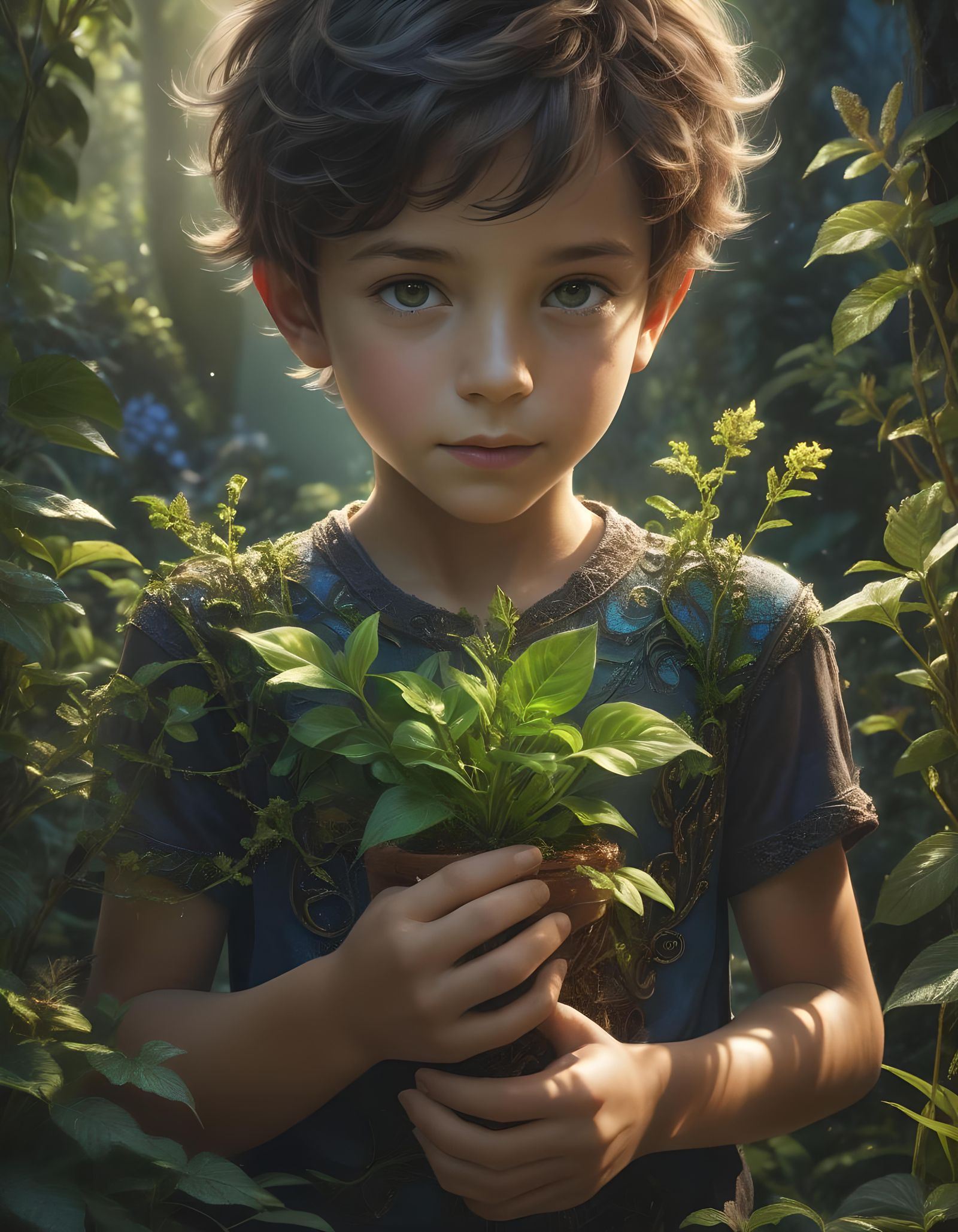 Boy Nurturing Magical Plant in Photorealistic Style