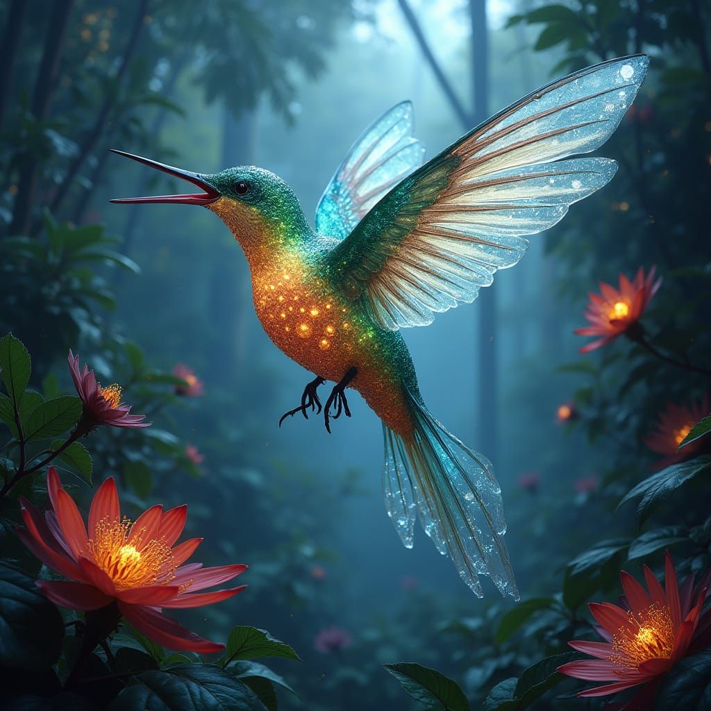 Colossal Iridescent Glass Hummingbird in Jungle