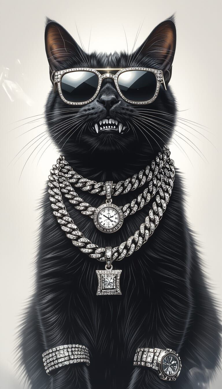 Cat with Diamond Grillz and Iced-Out Jewelry