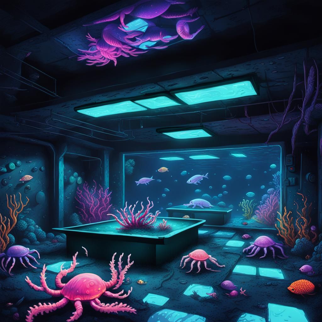 Synthwave Submerged Basement with Glowing Creatures