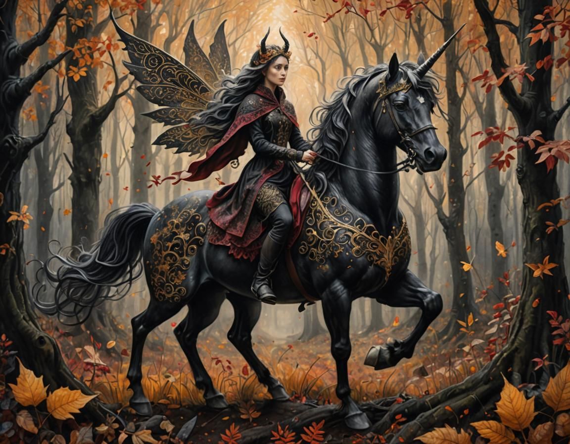 Dark Fairy and Unicorn in Autumn Forest