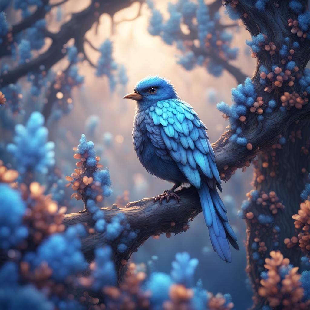 Crystallized Bird on Fluffy Blue Tree Branch