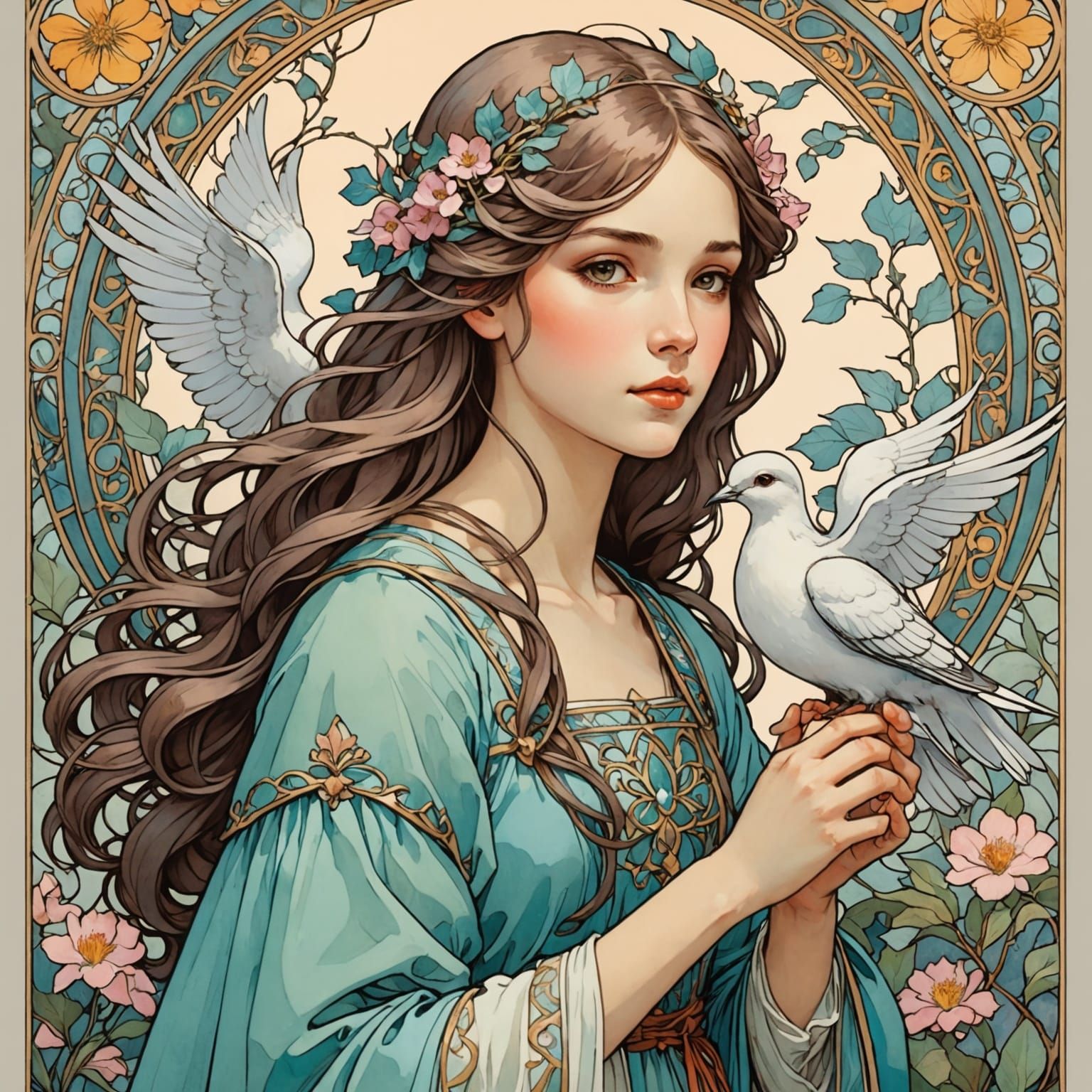 Medieval Maiden with Dove in Pastel Colors