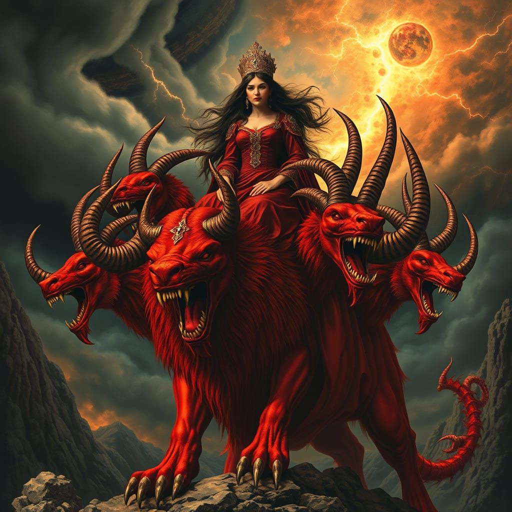 Regal Woman Rides Scarlet Beast of Blasphemy