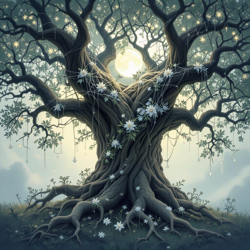 Ancient Tree of Silver Spiderwebs in Moonlight