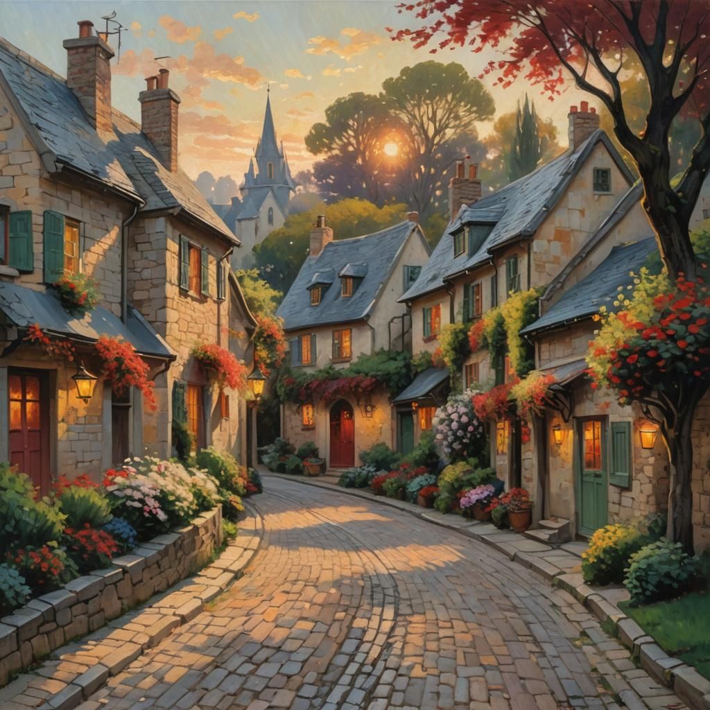 Impressionist Village Street Scene at Sunset