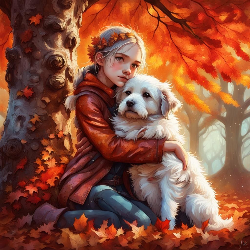 Autumn Elf Girl Hugging Dog: Hyper-Realistic Photo