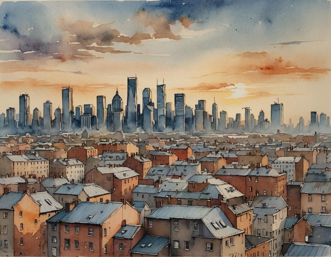 City Skyline Sunset in Watercolor Style