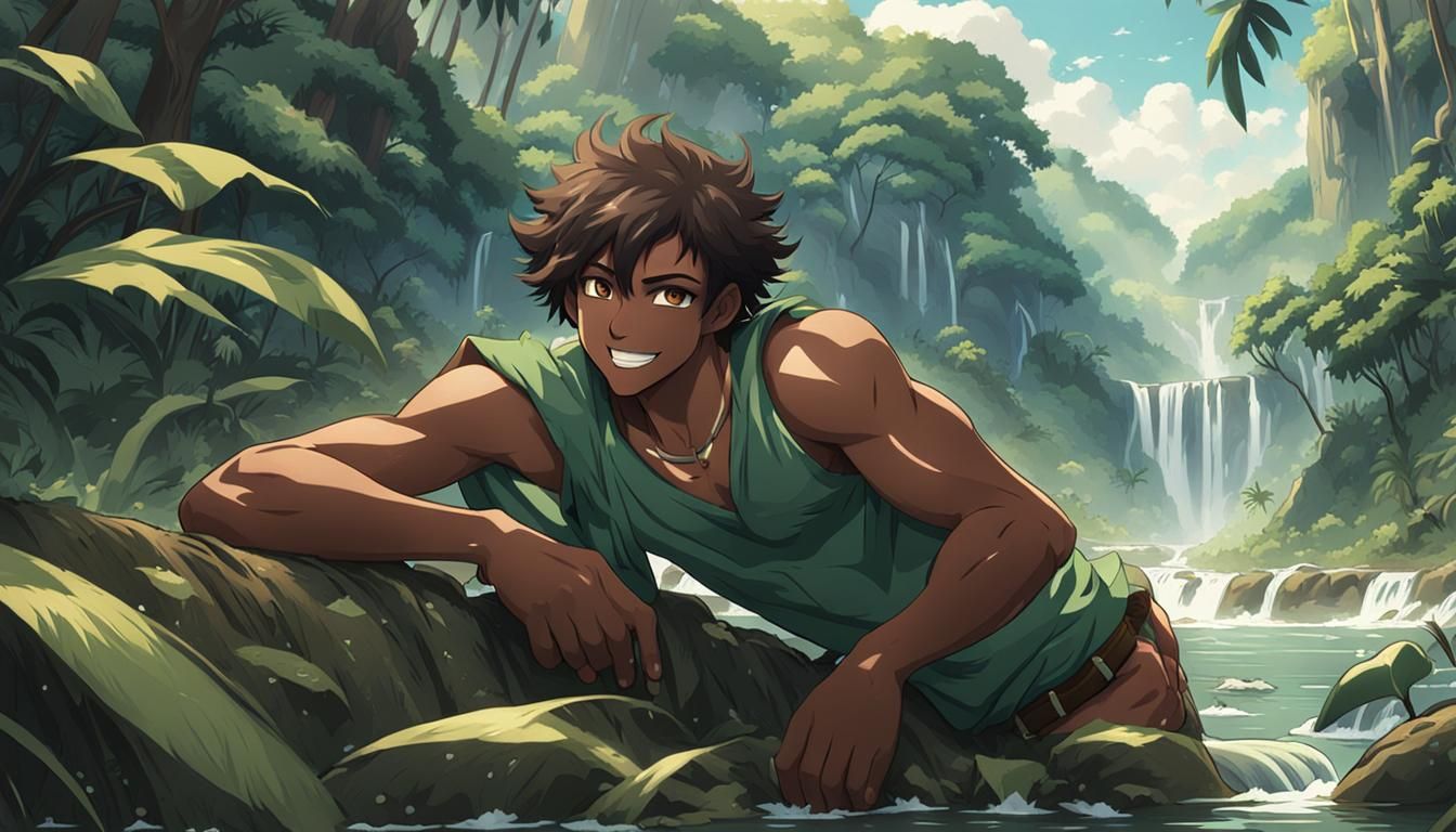 Amazon Boy Lounging by Waterfalls: Anime Style