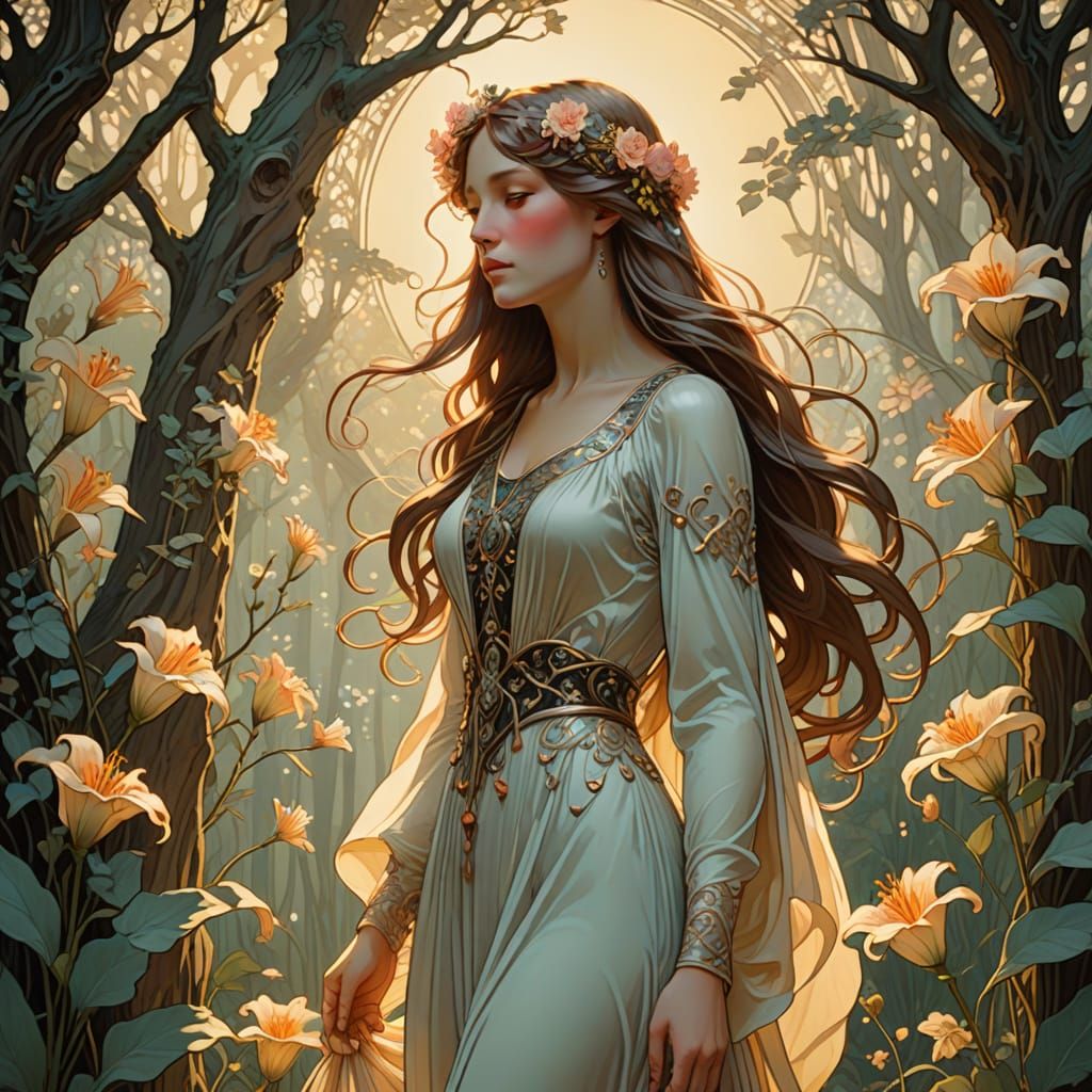 Art Nouveau Woman in Sun-Dappled Glade with Flowers