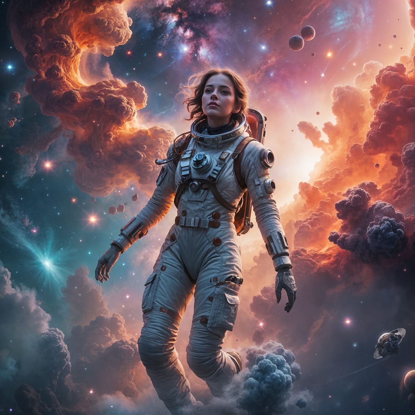 Woman's Spacewalk Among Colorful Nebulae: Fantasy Concept Ar...