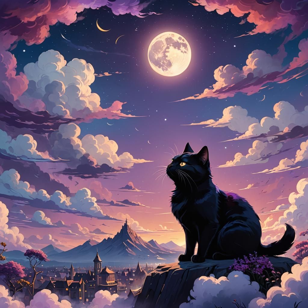 Black Cat Yawns in Dreamy Cloudscape