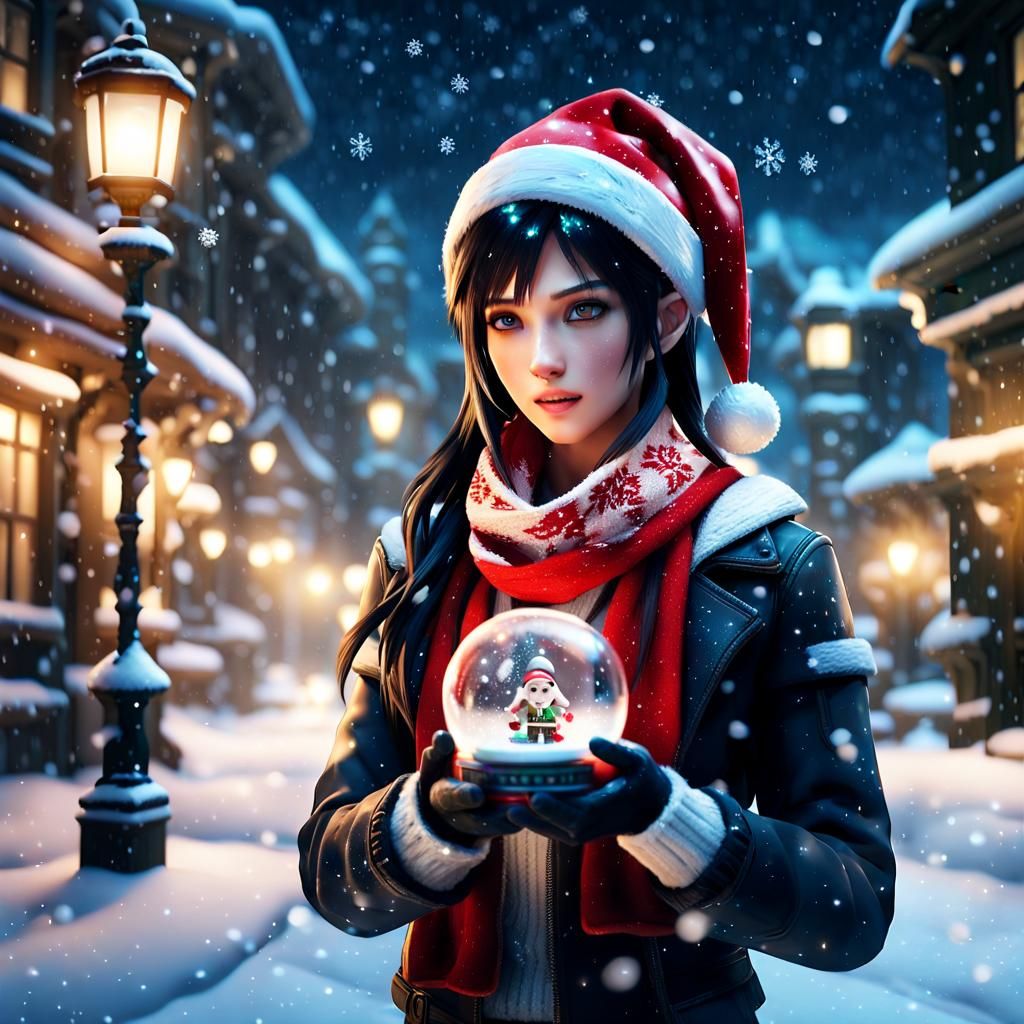 Festive Tifa Lockhart in Snowy Christmas Scene