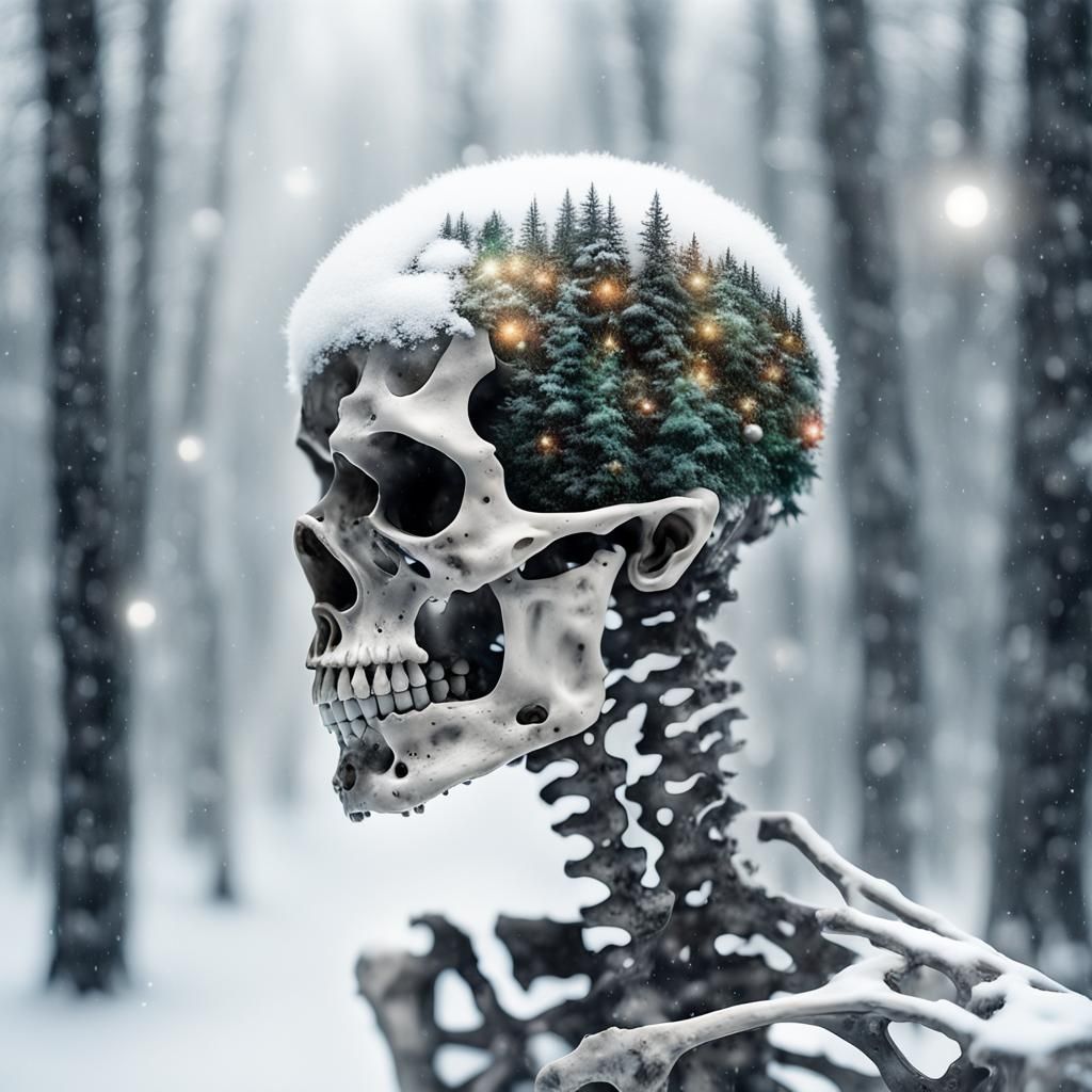 Skeleton Face Blended with Snowy Forest