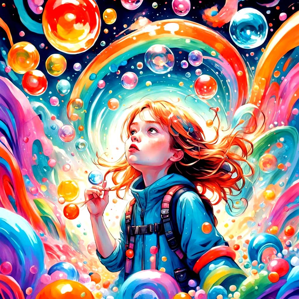 Girl in a Whimsical Candyland Wonderland of Colorful Swirlin...
