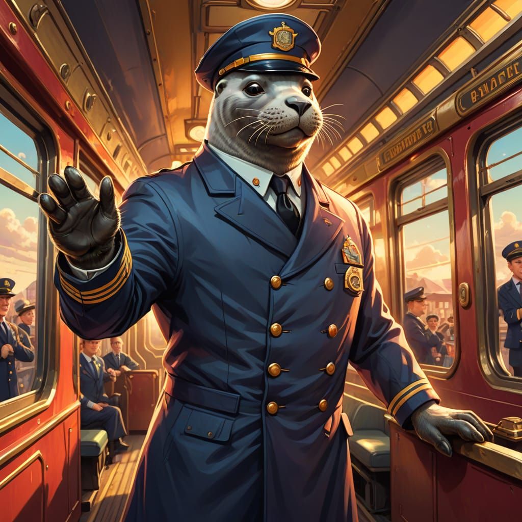 Seal Train Conductor in Cartoon Style