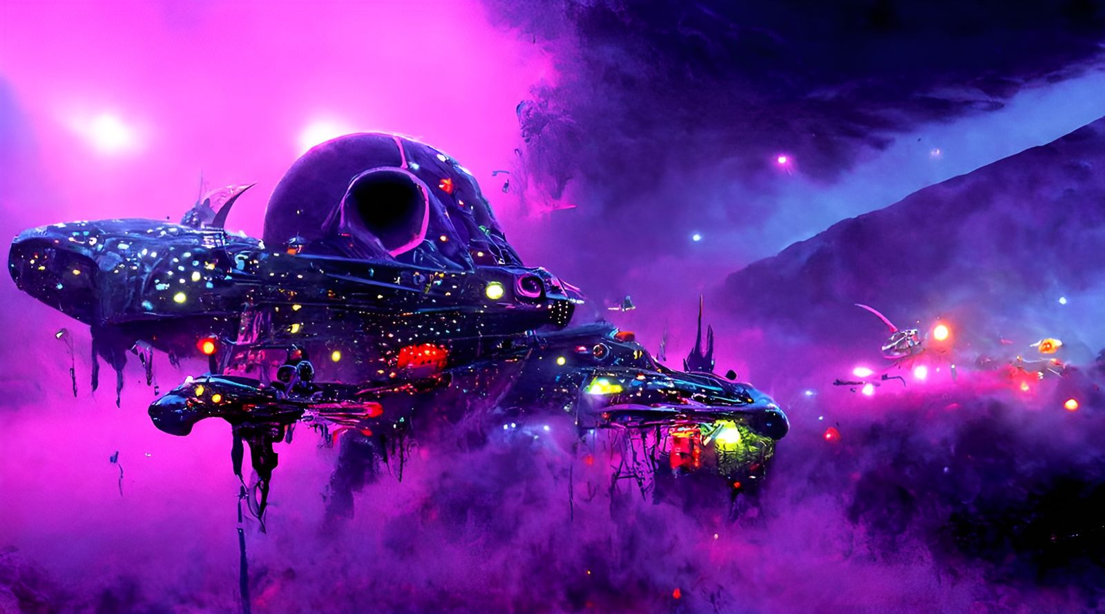 Sinister Starship Soars Through Neon Galaxy